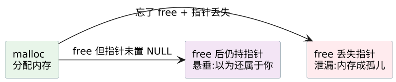 C 语言内存泄漏与悬垂指针 示意图