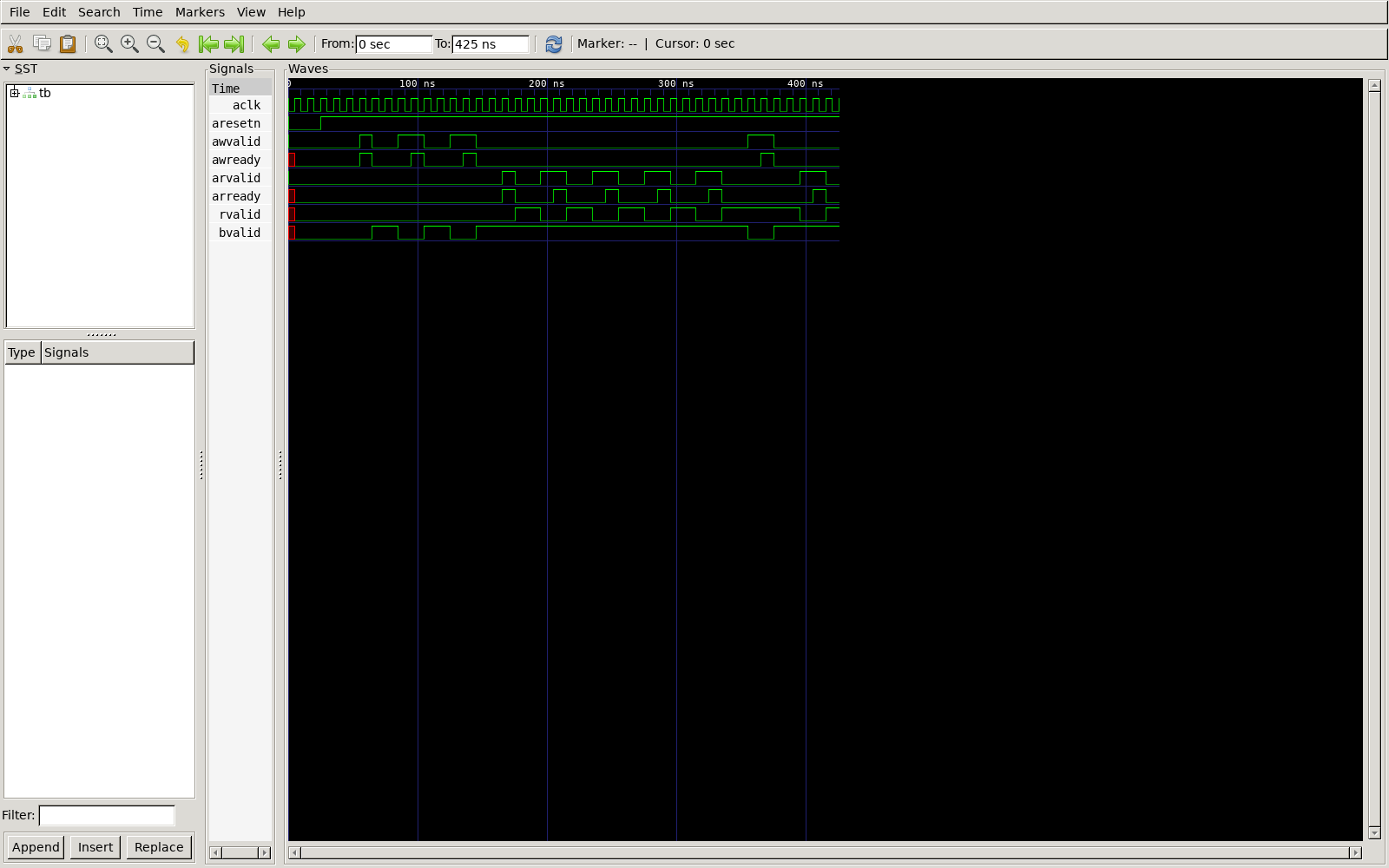 GTKWave 里的 AXI-Lite 五通道握手：awvalid/awready 同拍成对，bvalid 随后回执，arvalid/arready/rvalid 依次成组