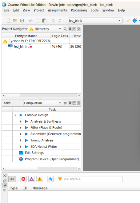 Quartus Prime Lite 25.1 GUI 打开 led_blink 工程：Navigator 器件树 46 个 LE 与 fit.summary 一致