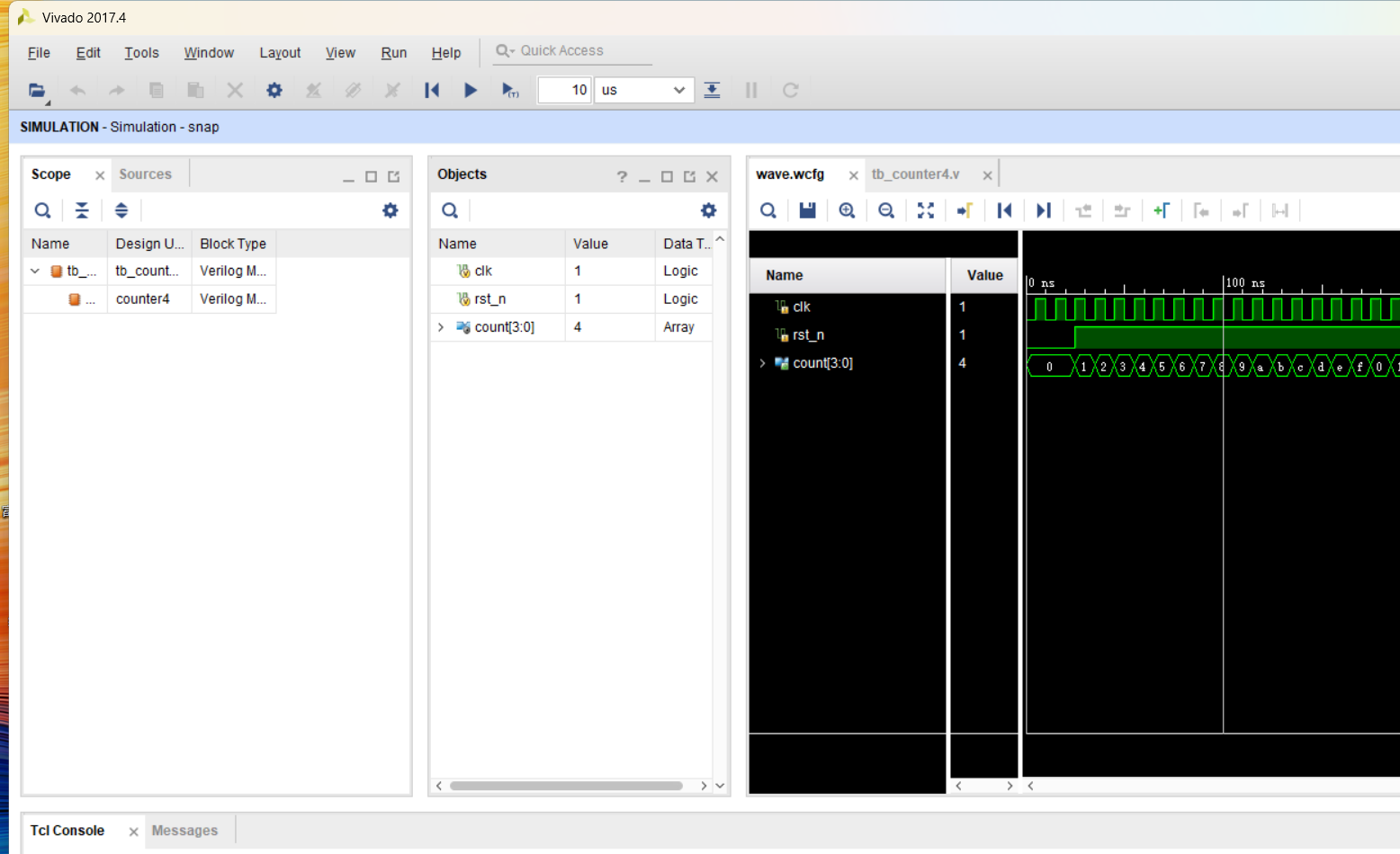 XSim GUI：add_wave 挂接三信号后的波形窗与 Objects 实时值